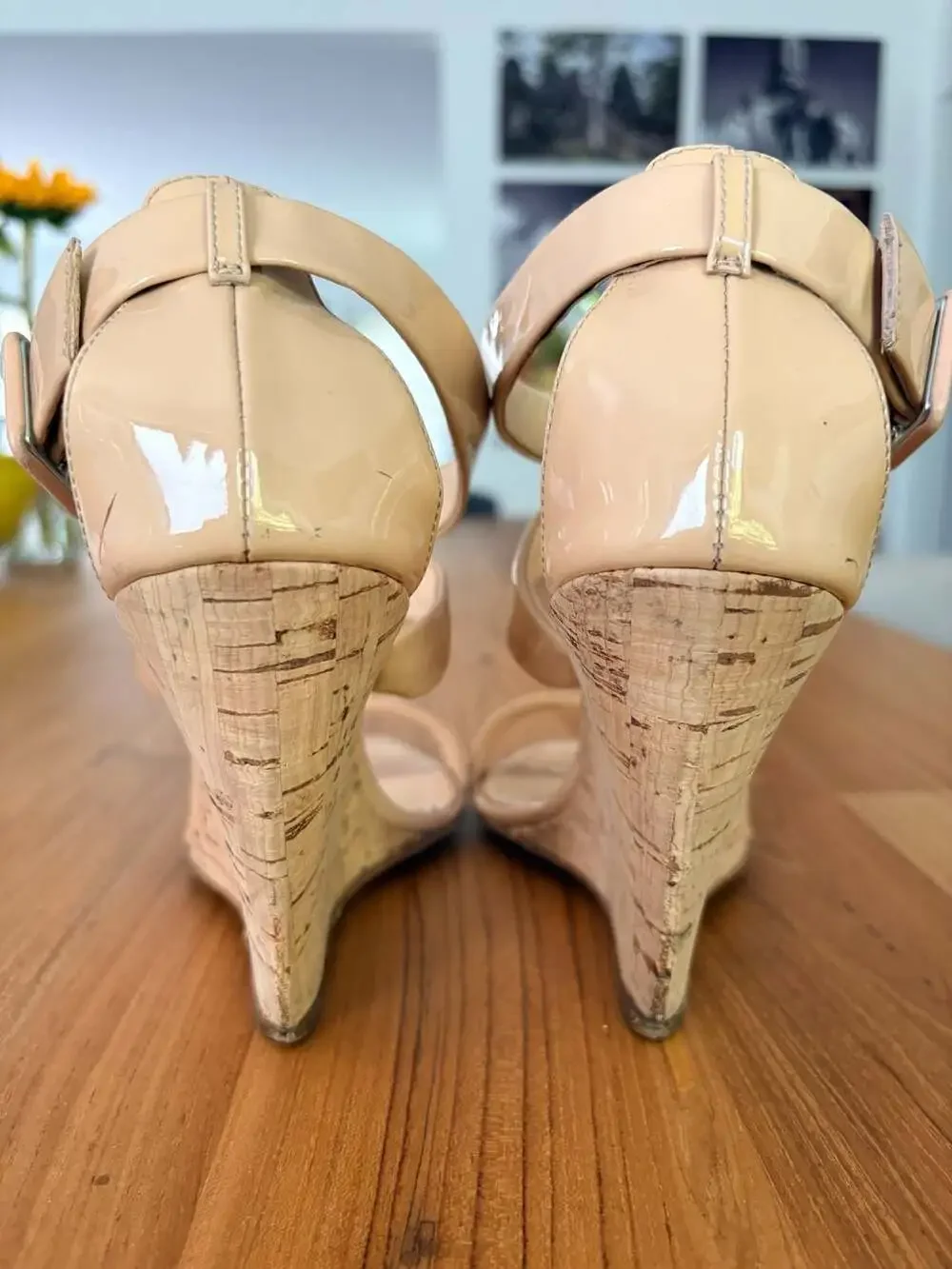 Giuseppe Zanotti Design Beige Patent Leather Cork Wedge Sandals